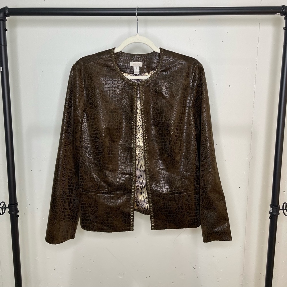 Chicos sz 2 jacket brown snake skin print. Poly shell. 17 across 25 length